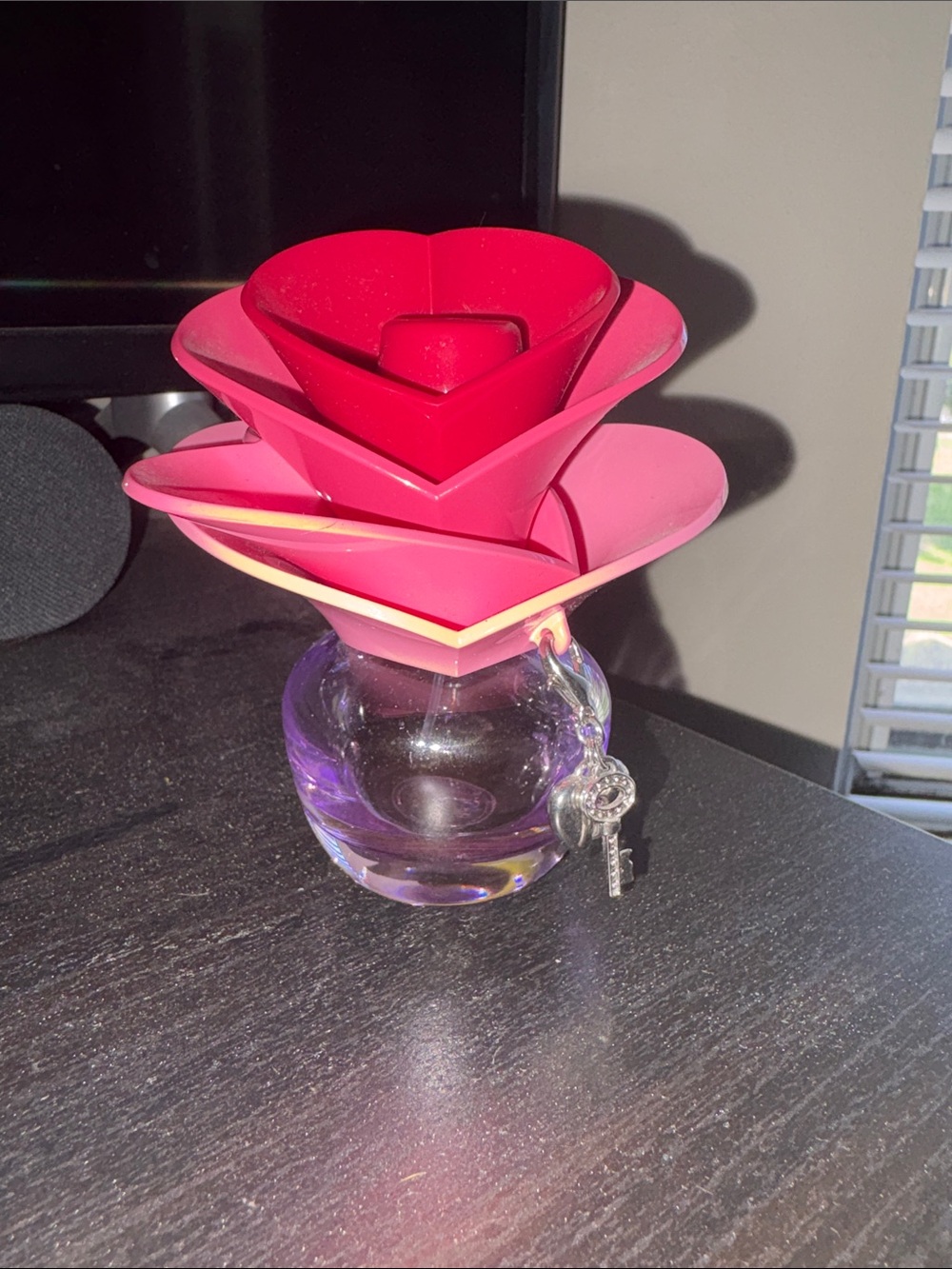 Justin Bieber Pink and Red Heart Rose Glass Perfume with Key Charm